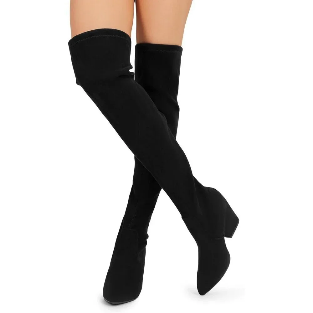 Women Faux Suede Black-suede Chunky Blocked Heel Thigh High Pointed Toe Boots